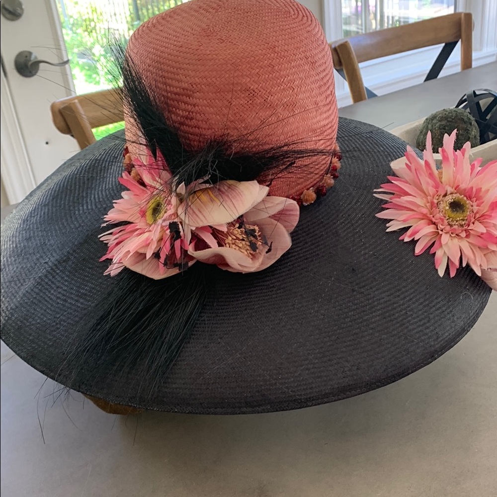 Vintage Pink and Black Women's Derby Hat with Floral Accents